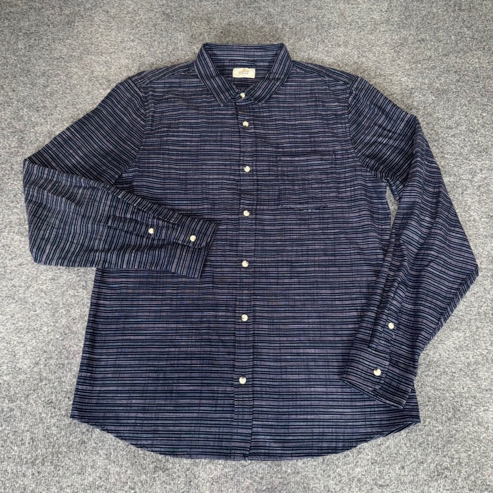 Marine Layer Men Large Navy Blue Micro Stripe Long Sleeve Button Up Shirt Casual